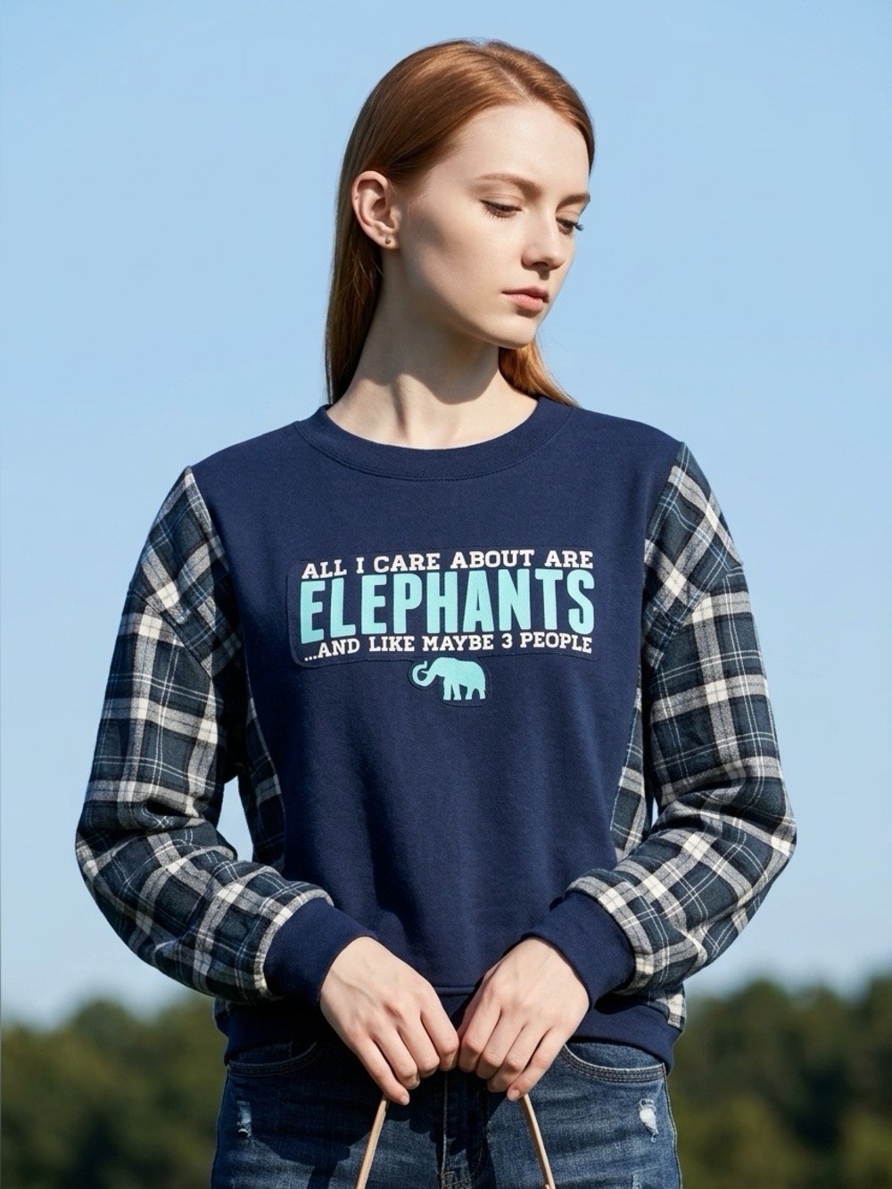 Upcycled Adult Sweatshirt Flannel Sleeve“ALL I CARE ABOUT ARE ELEPHANTS AND…